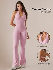 6pecil 女士露背连体瑜伽服，适合健身房、普拉提、舞蹈，秋冬季塑身连体裤 - 粉色 - 查看 1