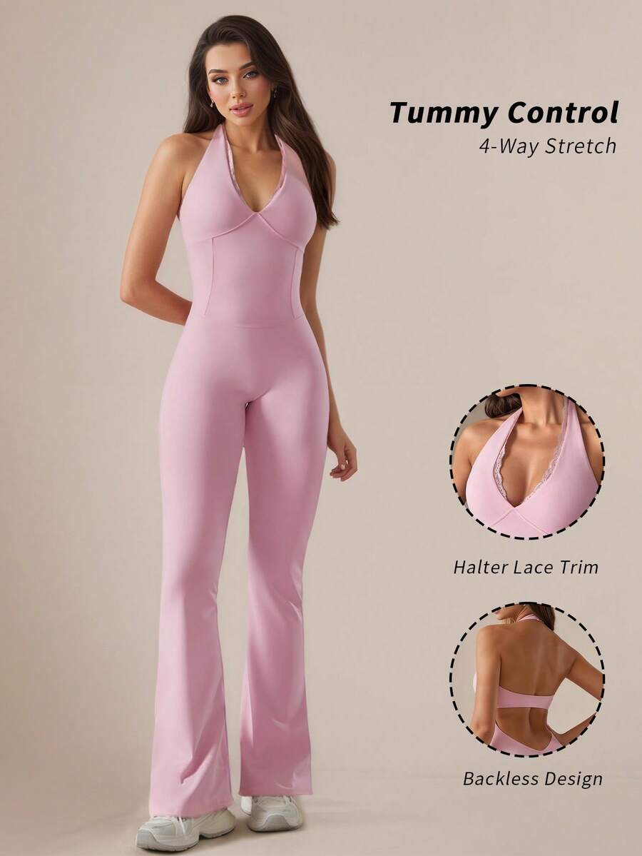 6pecil 女士露背连体瑜伽服，适合健身房、普拉提、舞蹈，秋冬季塑身连体裤 - 粉色 - 查看 1