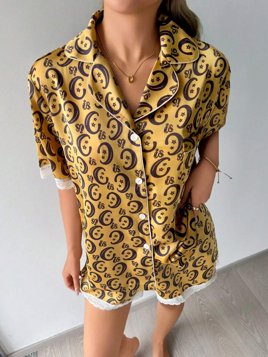 2件套夏季时尚舒适女士Polo领衬衫和蕾丝边短裤睡衣套装，休闲居家，派对风格 - 薑色 - 查看 1