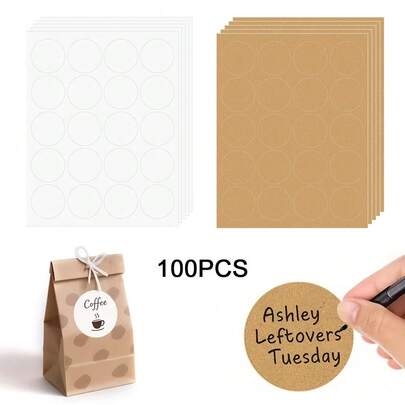 100 miếng nhãn dán tròn, màu nâu và trắng, thích hợp cho đám cưới, sinh nhật, tiệc tùng, ngày lễ và các sự kiện lễ hội.
