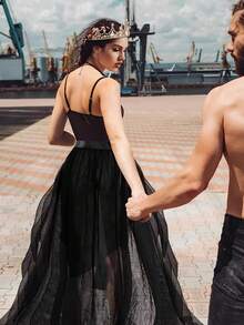 1PC Slit Long Floor-Length Tulle Skirt With Ribbon, For Cosplay, Prom, Evening Party, Available In Black, White, Dark Green, Valentine's Day,Summer,Beach,Wedding - Multicolor - View 5