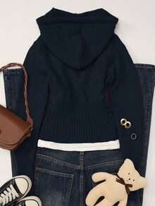 Women's Casual Cute Short Zip-Up Hooded Fitted Knit Cardigan, Long Sleeve Daily Commute Versatile Knit Jacket, Autumn/Winter Street Style Y2K - Màu xanh lam - Xem 6