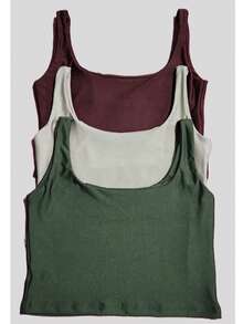Set Of 3 Cropped Tank Tops, Blogger Style, New Release - Verde militar, beige, marrón café - Ver 3