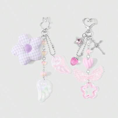 1 chiếc móc khóa hình trái tim sọc dọc màu hồng/tím bằng nhựa acrylic, hạt tròn, ngọc trai giả, hình dâu tây bóng bẩy 3D, lấp lánh như cánh thiên thần, thánh giá, ngôi sao rỗng, họa tiết hoa kẻ caro, hoa và thỏ, thích hợp làm quà tặng hàng ngày cho phụ nữ, bé gái, chị em gái và bạn thân.