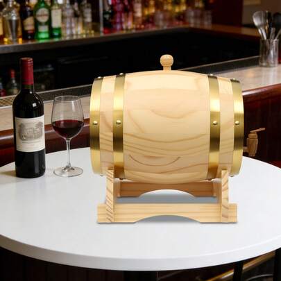 5L/1.32Gal Oval Pine Wood Wine Barrel With Built‑In Faucet, Log Color Modern Style, Stable Stand & Heavy‑Duty Barrel Hoop For Home Bar Party Decor