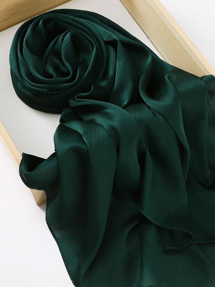1pc Satin Hijab With Natural Wrinkles Design And Solid Color - Dark Green - View 1