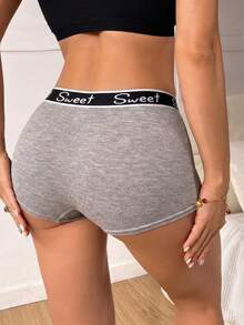Women's Grey Letter Waistband Boyshort Panties, Casual Sports Shorts - Grey - View 2