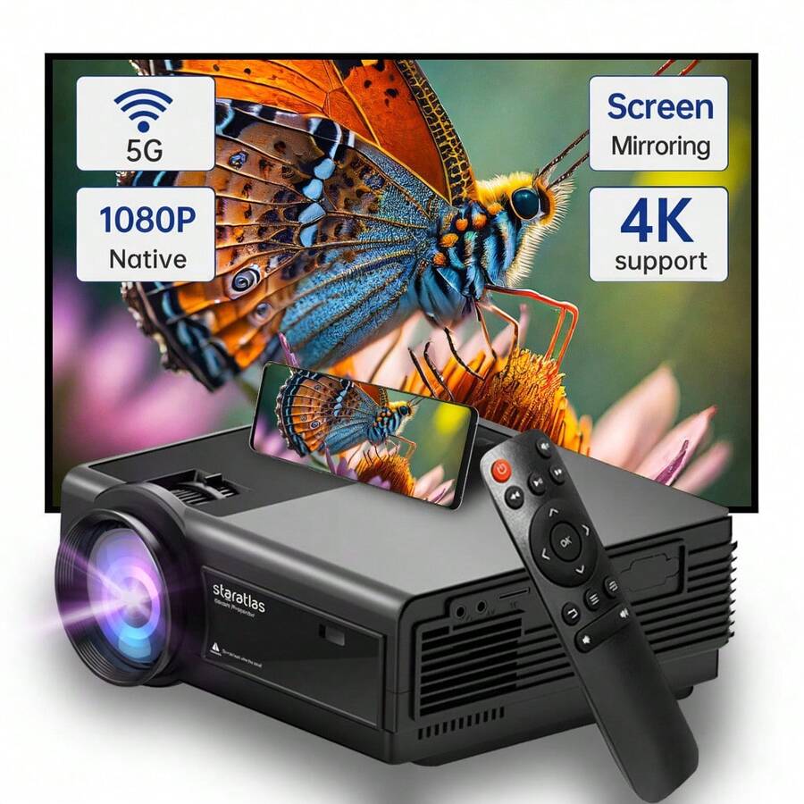 Staratlas Hỗ trợ độ phân giải 4K, máy chiếu gia đình Full HD 1080P di động với chức năng WiFi, phù hợp với TV Stick/Laptop/Smartphone