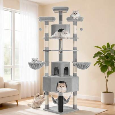 HEXCELEN Large Cat Tree, 220cm, Extra-Large, Sturdy And Durable, With A Large Cat Door, 3 Platforms, 8 Sisal Poles, Hammock, Cat Brush, Cat Basket And Thick Sisal Rope.