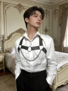 1pc New Men's Shoulder Strap Waist Belt, Casual Leather Chain Versatile Accessory Waist Belt - Black - View 2