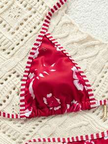 Top de Bikini Triangular Floral - Cuello Halter, Amarre Trasero Ajustable, Ribete a Cuadros en Contraste, Copas Acolchadas, Relleno Removible Vacaciones Verano - Rojo - Ver 5