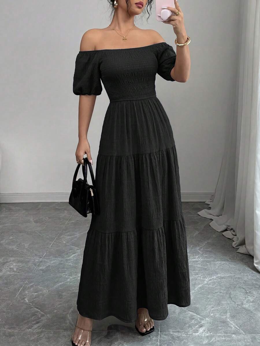 Women's Summer Puffed Sleeve Long Skirt Square Collar Pleats Layered Ruffles A-Shaped Long Casual Elegant Elegant Beach Dress - 黑色 - 查看 1