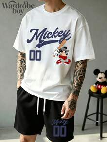 Disney Authorized Short Sleeved Printed T-Shirt And Shorts Set,Mens 2 Piece Outfits, Patterned T-Shirt And Shorts Set, Suitable For Family Travel And Vacation. Suitable For Both Men And Women. Comfortable And Breathable. - 黑色+白色 - 查看 1