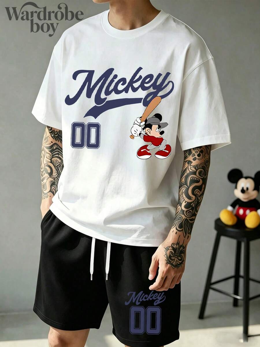 Disney Authorized Short Sleeved Printed T-Shirt And Shorts Set,Mens 2 Piece Outfits, Patterned T-Shirt And Shorts Set, Suitable For Family Travel And Vacation. Suitable For Both Men And Women. Comfortable And Breathable. - 黑色+白色 - 查看 1