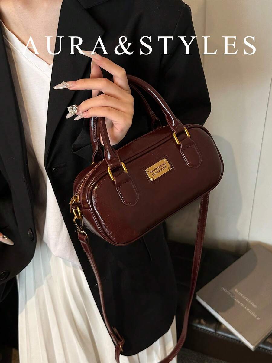 Women's Textured Crossbody Bag With Doll Charm, Large Capacity Boston Tote Mom Bag, New Autumn/Winter Style, All-Season Commuter Handbag - Burgundy - View 1