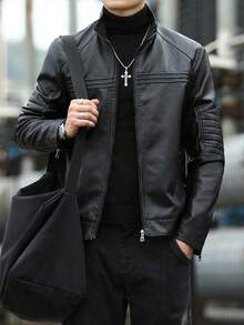 Men's Solid Color Stand Collar Leather Jacket, Fashion - 黑色 - 查看 1
