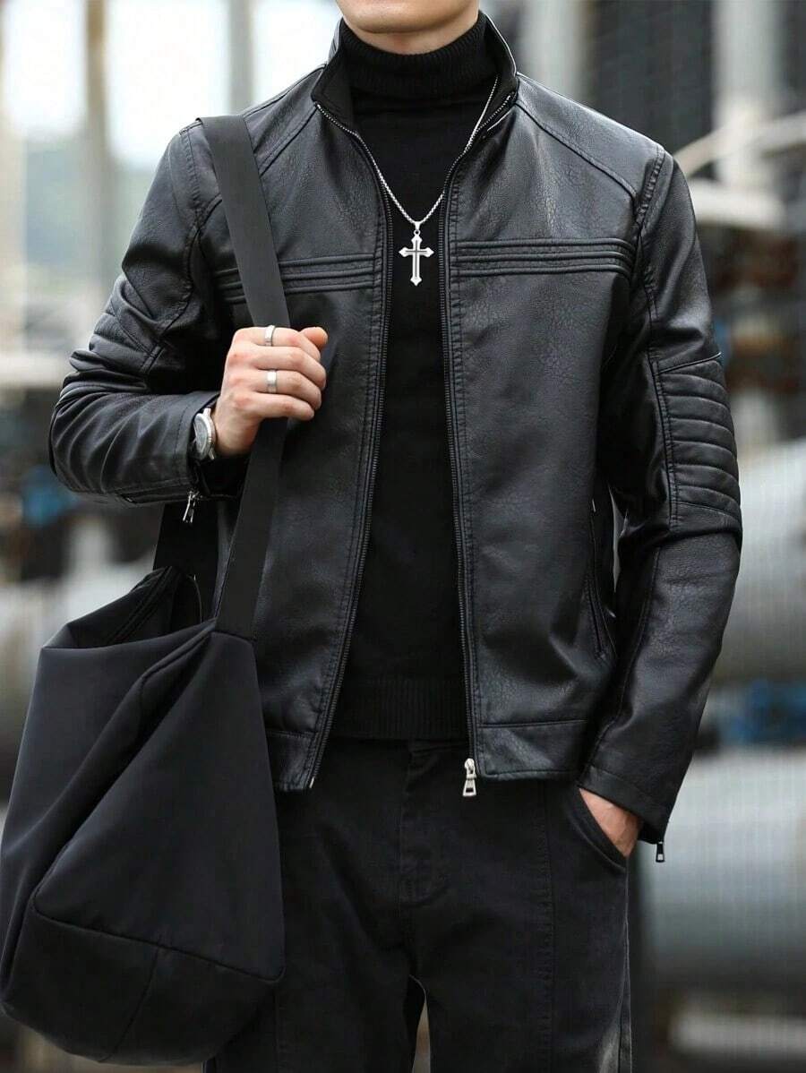 Men's Solid Color Stand Collar Leather Jacket, Fashion - 黑色 - 查看 1