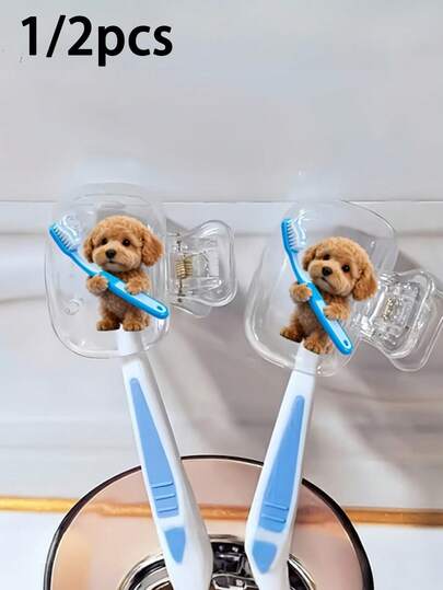 1/2个可爱泰迪狗手持蓝色牙刷图案便携式牙刷套，旅行牙刷收纳盒，便携式牙刷头保护夹，牙刷收纳夹，牙刷保护套，保护牙刷头，便携设计方便携带，防尘牙刷头套，旅行必备，送给爱人、朋友、家人、老师、旅行爱好者的最佳礼物