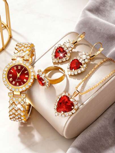 Conjunto de 5 piezas de reloj de cuarzo de lujo y elegante para mujer, con esfera redonda clásica, emparejado con collar colgante, aretes y anillo, adecuado para uso diario, eventos formales y otras ocasiones, opción de regalo ideal, selección para entusiastas de la joyería