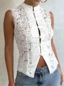 Women Long Sleeve Mandarin Collar Guipure Split Blouse Top Lace Floral Puff Sleeve Button-Down Shirt Slim Fit Elegant Sheer Tops Party Clubwear - 無袖白色 - 查看 4