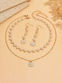 4 pièces/set Ensemble de bijoux délicat et polyvalent avec fleurs de marguerite dorées, comprenant des boucles d'oreilles et un collier. Design minimaliste et doux, convient pour un port quotidien, les rendez-vous et les fêtes - Multicolore - Voir 2
