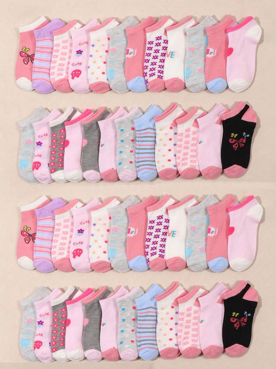 12 Pairs Random Girls Cute Pattern Socks, Soft Breathable Low-Cut Ankle Socks, Comfortable Breathable Polka Dot & Striped Matching Mid-Calf Socks, Suitable For Daily, Home, Outdoor, School, Party, Travel - Multicolor - View 1