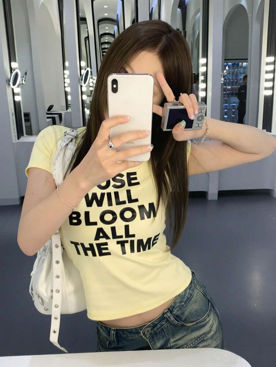 女款圓領短袖T恤,夏季新款字母印花,美式辣妹風,時尚休閒百搭修身短版上衣,黃色 - 黃色 - 查看 1