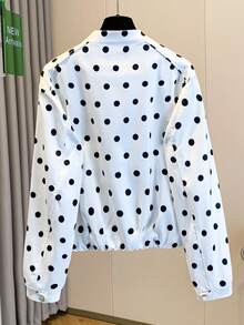 Áo khoác chấm bi nữ cho mùa xuân/hè, thiết kế chấm bi satin lãng mạn, cổ áo cao thời trang, viền nhún, áo khoác chấm bi phong cách thường ngày tiện dụng. - Đen và trắng - Xem 4