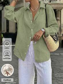 Look Polly 女士春夏纯色棉质衬衫休闲简约单排扣开衫长袖上衣，适合日常海滩度假穿着 - 軍綠色 - 查看 1