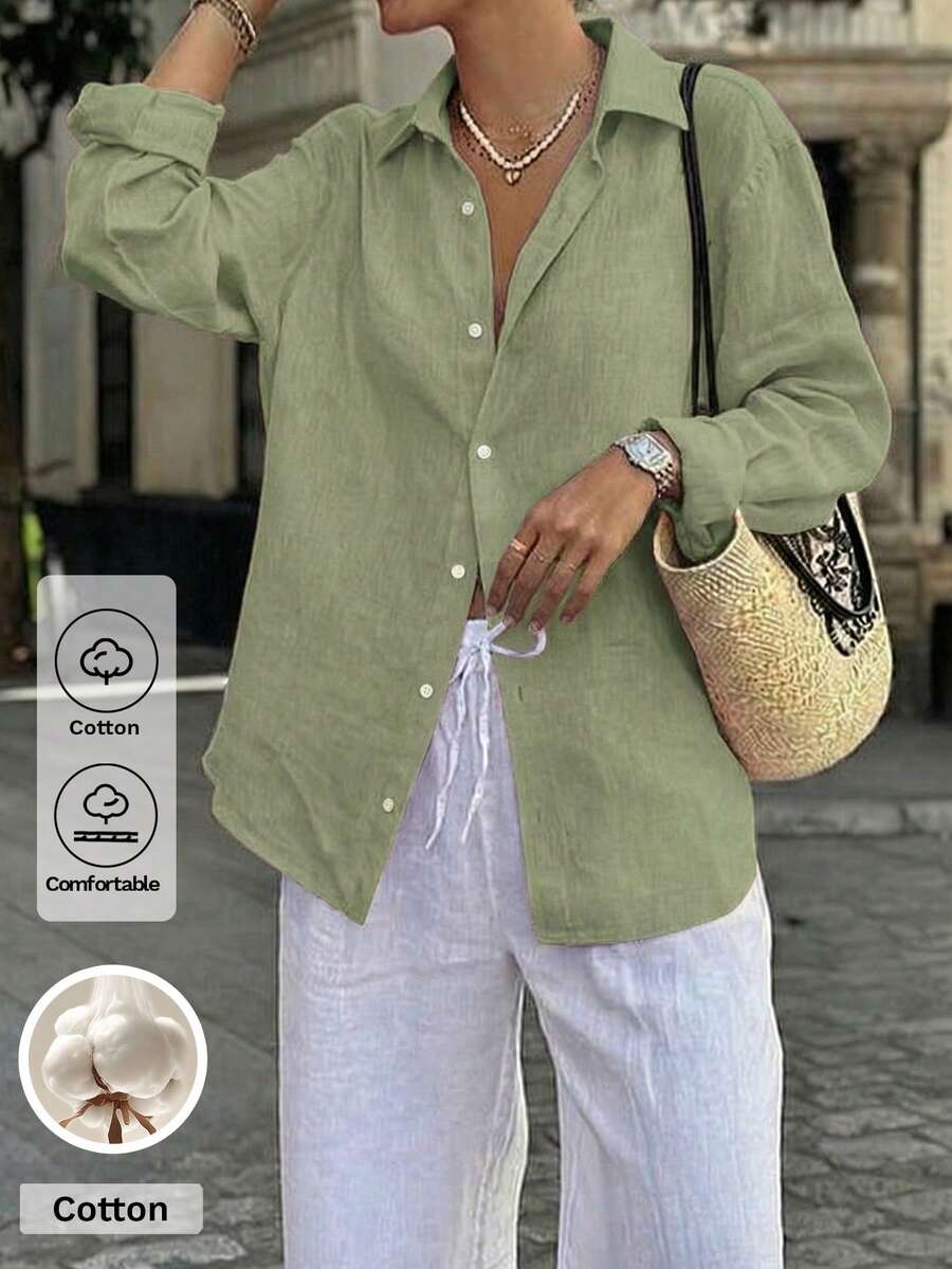 Look Polly 女士春夏纯色棉质衬衫休闲简约单排扣开衫长袖上衣，适合日常海滩度假穿着 - 軍綠色 - 查看 1