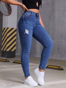 Jeans skinny de mezclilla azul oscuro con bolsillos múltiples efecto levantador de glúteos elásticos - Azul profundo - Ver 3