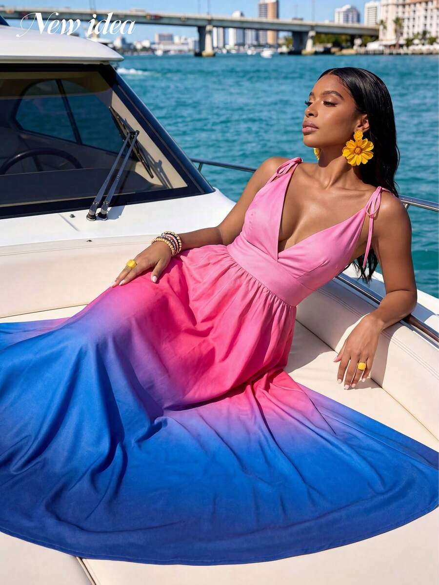 Abito midi da donna elegante con spaghetti e sfumature di rosa e blu, scollo a V in vita alta con design a campana, ideale per l'estate, adatto per vacanze al mare e feste - Multicolore - Visualizzare 1