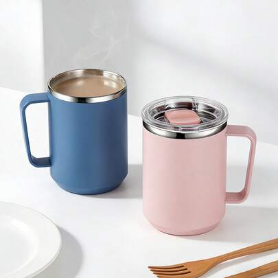 1pc Insulated Coffee Cup With Handle, Travel Coffee Mug With Lid, Double Wall Vacuum Coffee Cup (Pink)