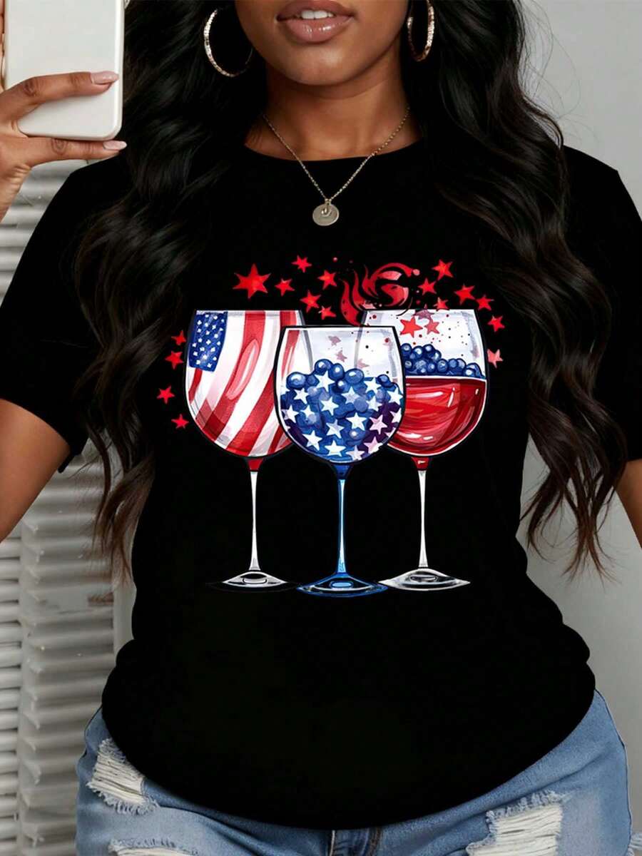 Women's Plus Size Independence Day Wine Glass Flag Print T-Shirt Casual Round Neck Short Sleeve Top Gift Recommendation Versatile Comfortable Top Suitable For Festivals Parties Celebrations Patriotic Outfit - 黑色 - 查看 1