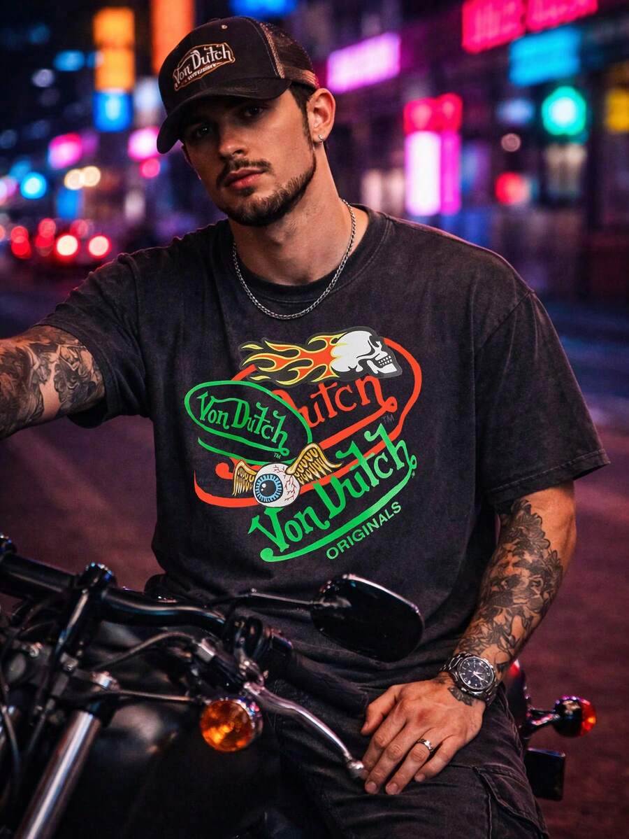Men Black Washed Streetwear Brand Street Style 100 Percent Cotton T Shirt Vons Dutchs Originals Logo With Eye And Skull Flame Graphic For Casual Outfits Urban Fashion | Vintage Heavyweight T Shirt | Perfect Gift | Loose Comfortable Breathable | Machine Washable Fabric | Hip Hop Cool Style | Drippy Clothes | Y2K - 黑色 - 查看 1