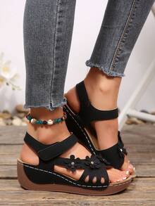 Women's Black Wedge Sandals, Open Toe Platform Buckle Strap Comfortable Non-Slip Summer Shoes - Black - View 6