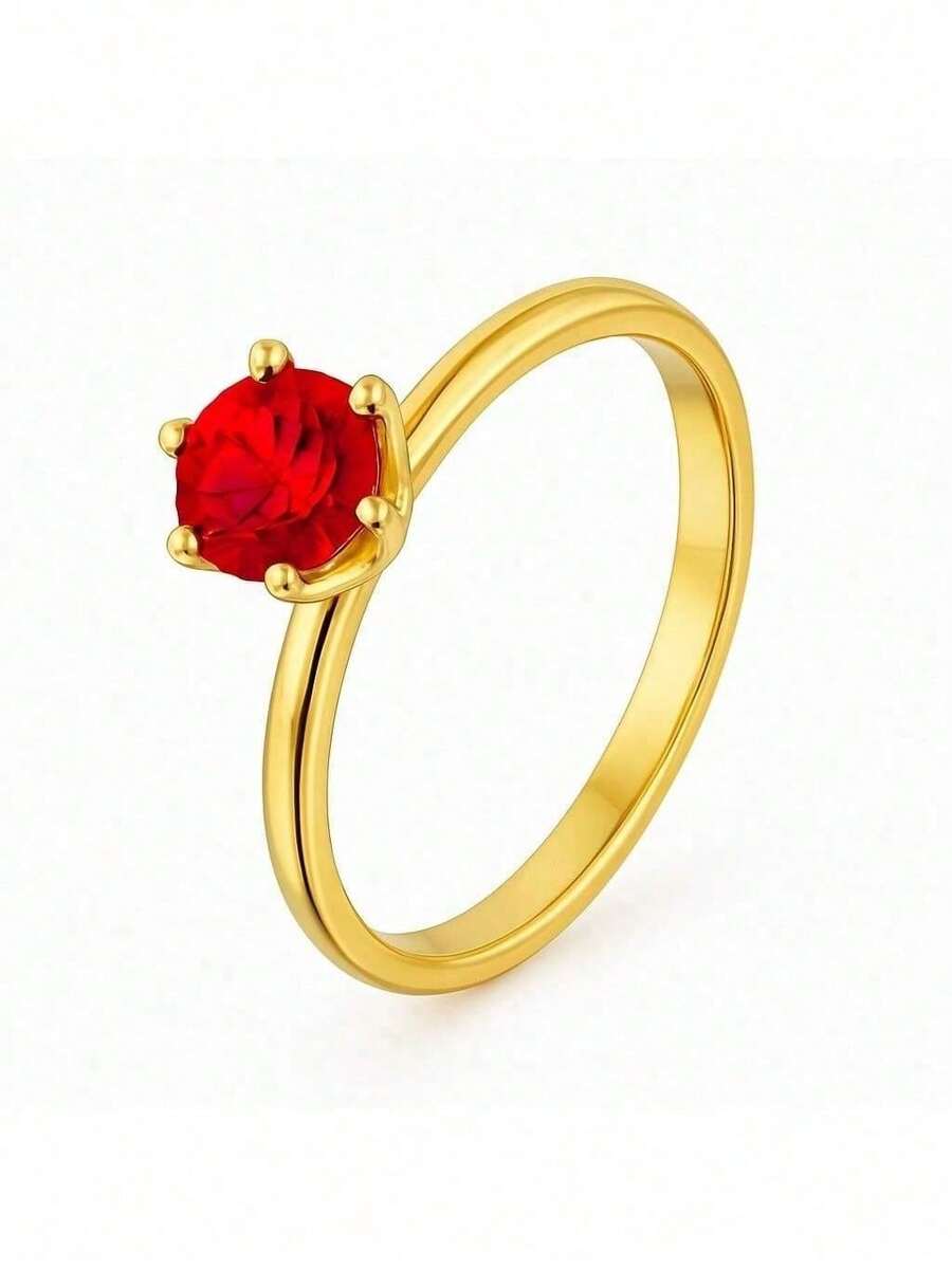 Red Solitaire Trim Ring 18k Gold Plated 2mm Zirconia Stone Luxury Elegant Casual Gift - 18K金 - 查看 1