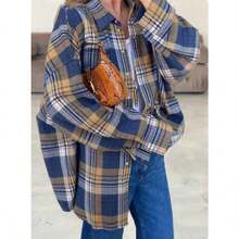 Fashion Baggy Plaid Women'S Blouse Elegant Lapel Long Sleeve Shirts And Blouses Vintage Pocket Lace-Up Top Female 2026 Summer Tops Summer Outfits For Women Summer Clothes Shirts Vacation Outfits Women Spring Outfits For Women Blusas Bonitas De Mujer Cute Tops Going Out Tops Women - 如圖所示_皇家藍 - 查看 1