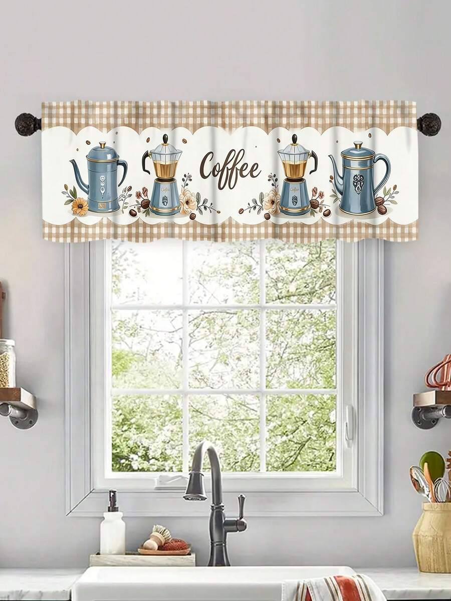 1pc Coffee Bean Kitchen Curtain - Artistic Coffee Theme With French Press And Floral Pattern, Small Short Curtain, No Hole Curtain, Suitable For Bedroom, Office, Kitchen, Living Room, Study And Other Home Decor - Multicolor - View 1