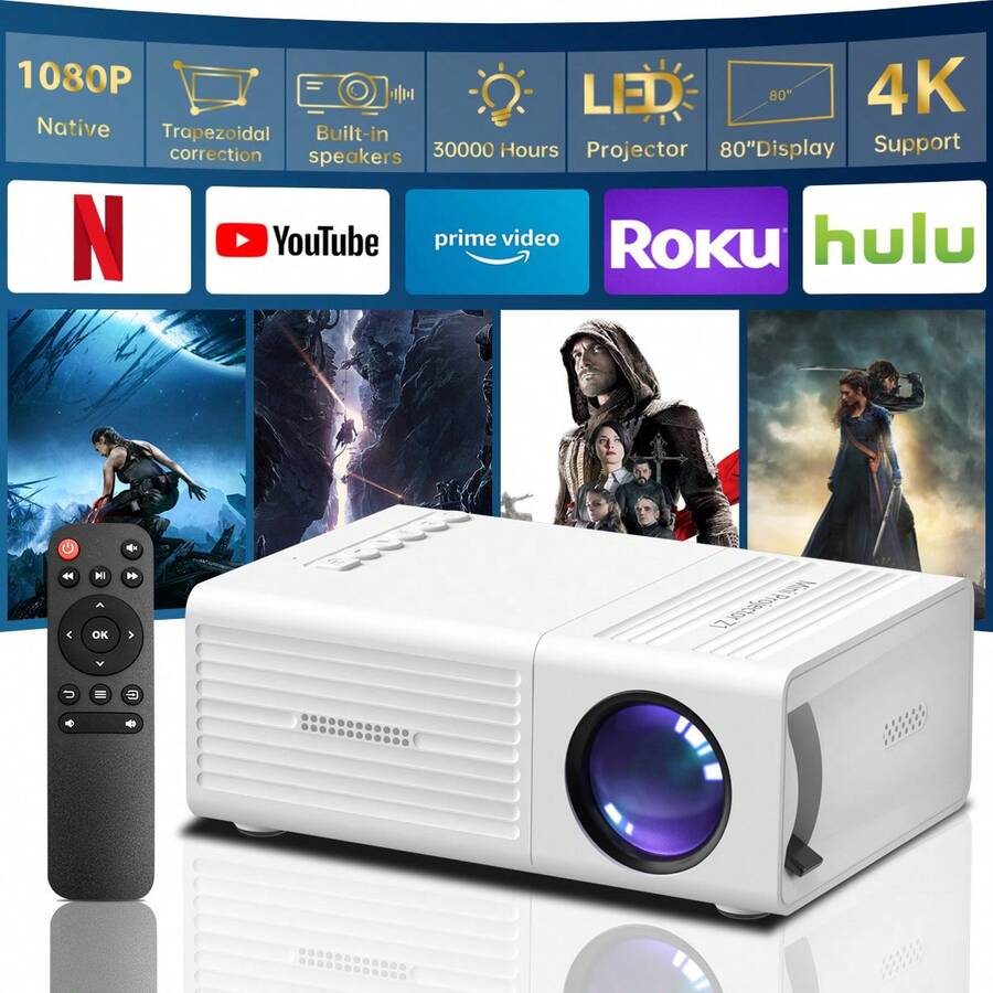Mini Projector, Portable Video Projector, Home Theater Projector, Supports 4K High Definition, USB Connection, Equipped With Remote Control, Native Resolution Is 1920*1080P, Suitable For Offices, Outdoor Camping And Other Occasions. Movie Projector. - Xem 1