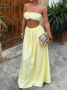 Women's Sexy Strapless 2 Pieces Set In Yellow, Suitable For Party, Beach And Daily Wear, Summer - Yellow - View 4