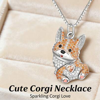 可爱心形柯基幼犬吊坠项链，萌萌的狗狗主题精致设计颈链，百搭锁骨链，适合女孩佩戴，甜美卡通宠物项链，精致可爱的宠物主题颈饰，非常适合学生日常佩戴或作为送给女朋友的礼物。独特设计的可爱宠物狗项链，心形