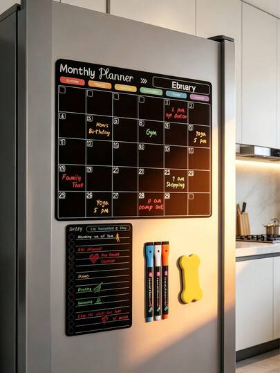 Calendario magnético y borrable para refrigerador, planificador de comidas mensual y pizarra blanca del menú de hoy, 2 piezas de pizarra de tiza para refrigerador, adecuado para cocina u oficina, incluye 3 marcadores y 1 borrador