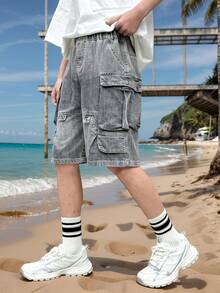 Quần short denim dáng rộng cho bé trai, thích hợp mặc thường ngày, đi học và hoạt động ngoài trời vào mùa hè. - Màu Xám nhạt - Xem 5