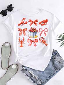 Casual Short Sleeve T-Shirt Lobster And Bow Print Summer Beach Outfit 220g - trắng - Xem 3