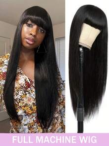 Perucas de Cabelo Humano Liso com Franja Reta Sem Frente de Renda, Densidade de 180%, Cabelo Virgem Brasileiro Longo, Peruca Sem Cola Feita à Máquina para Mulheres, Cor Preta Natural, Peruca para Festa de Cosplay - Natural Black - Visão 2