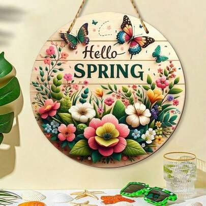 1-Piece "Hello Spring" Wooden Wall Hanging, Adorned With Colorful Flowers And Lifelike Butterflies, Is The Perfect Spring Decoration For The Living Room, Bedroom, Bathroom, Office, Classroom, And Outdoor Garden, Making It An Ideal Choice For Welcoming Spring.