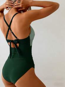 Women's One-Piece Swimsuit, Tummy Control, Front Criss-Cross Backless V-Neck Slimming Swimwear Vacation Beach Summer - Green Stripes - View 3