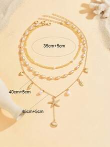 3件套金色海星吊坠串珠项链，时尚百搭的颈链，适合日常佩戴和海滩/旅行。 - 彩色 - 查看 4