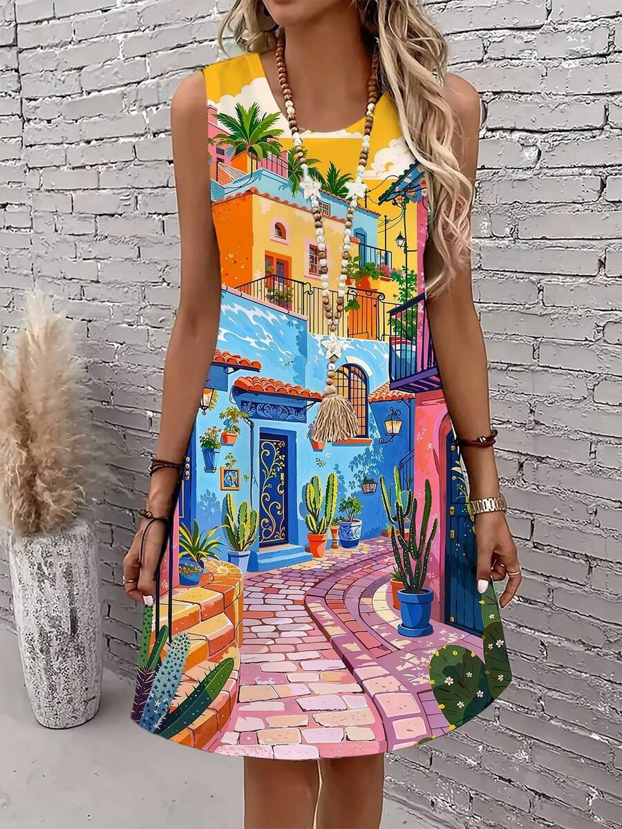 Sleeveless Dress With A Mediterranean Print For Women - A Greek-Inspired Round-Neck Beach Dress, Easy To Wash, Perfect For Casual Summer Outings, Ideal For Both Daytime And Evening Events By The Pool - 杏色 - 查看 1